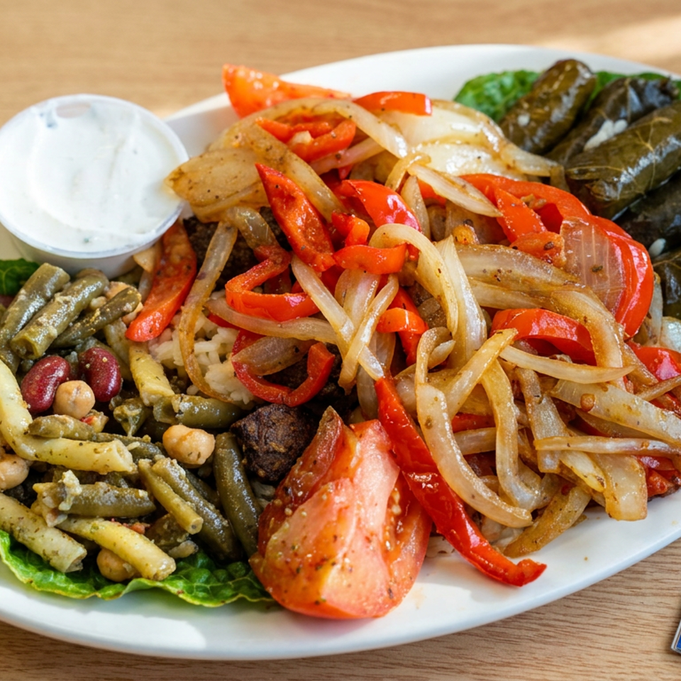 Platter of rice, sautéed peppers and onions, stuffed grape leaves, mixed vegetables, salad, tomato, and creamy dip.