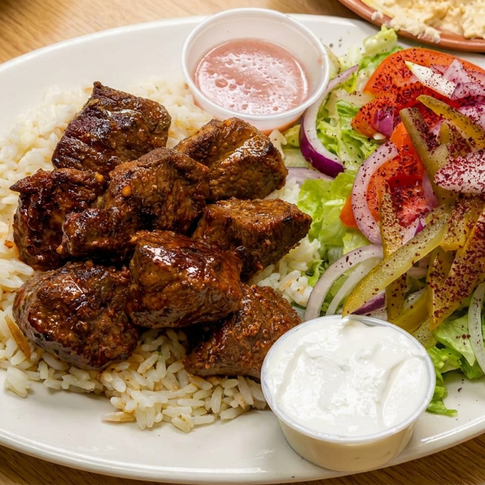 Grilled beef pieces served over rice with a fresh salad, pickled vegetables, pink sauce, and creamy yogurt dip.