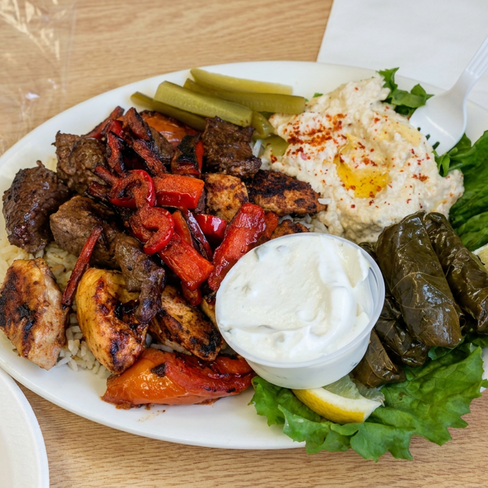 Mediterranean mixed grill platter with grilled meats, peppers, hummus, stuffed grape leaves, pickles, rice, pita, and lemon.