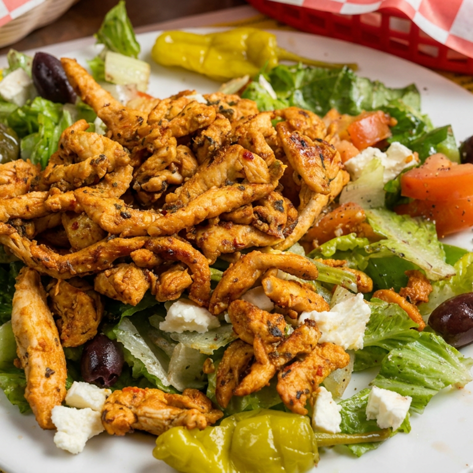 Greek salad topped with seasoned fried chicken, feta cheese, olives, tomatoes, lettuce, and pepperoncini on a white plate.