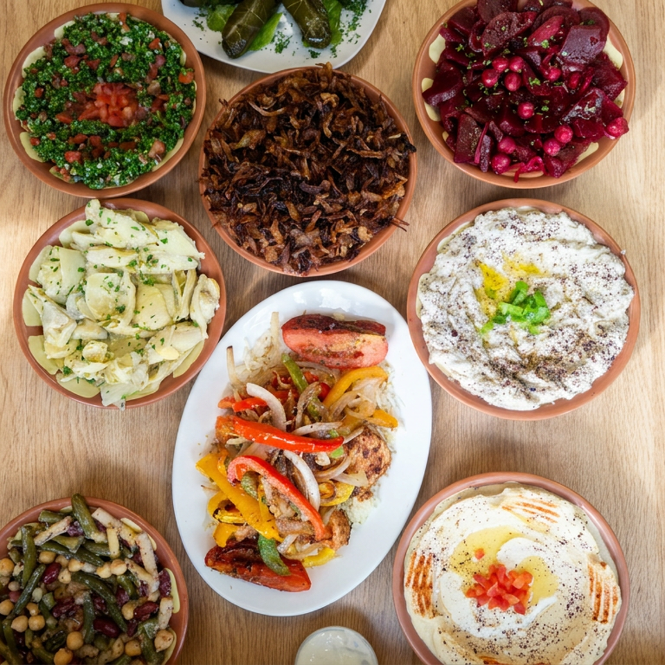 Overhead spread of colorful Middle Eastern dishes, including salads, roasted vegetables, dips, stuffed grape leaves, and grilled meat on a wooden table.