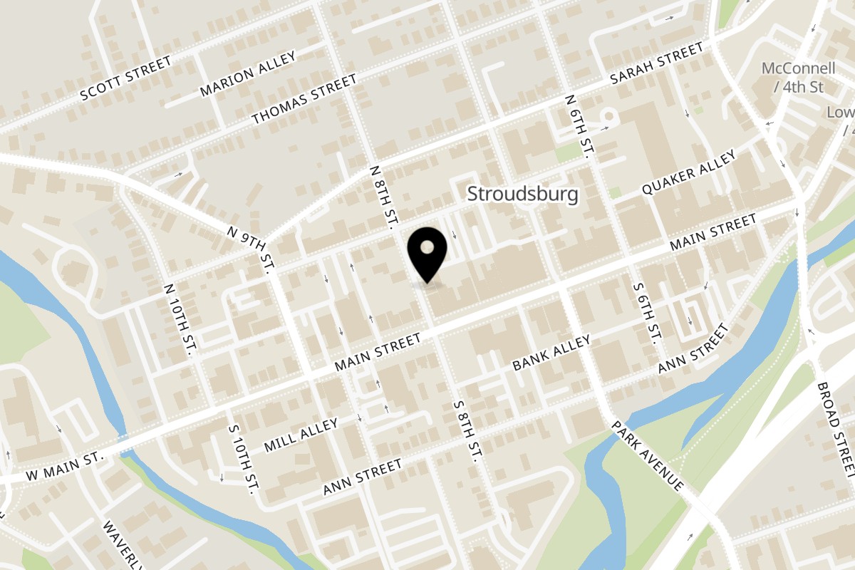 Map showing the location of Cedars Grill on 10 N 8th St in Stroudsburg